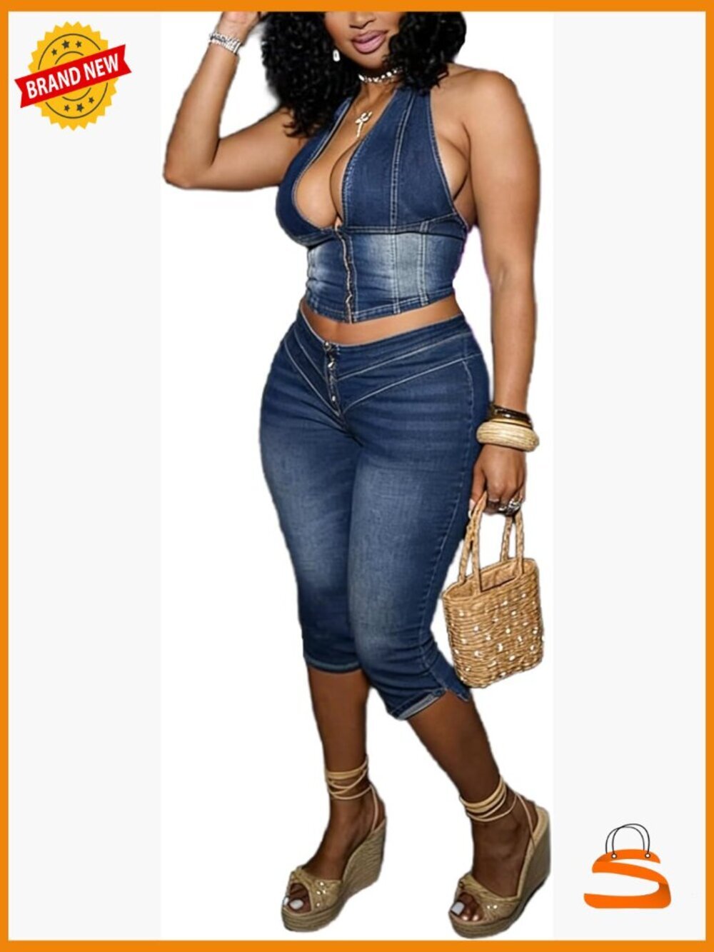 Capri Sets Women 2 Piece Outfits Denim Halter Top and Pants Sexy Y2K Streetwear